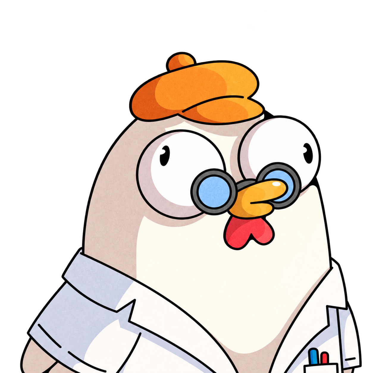 Chicken in an orange beret and blue glasses